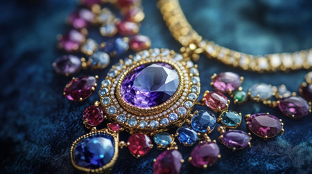 A luxurious gemstone necklace with a prominent centerpiece gem, surrounded by smaller, complementary gems.の素材