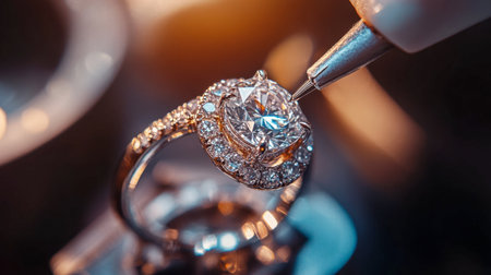A sparkling gem being carefully set into a luxurious ring by a skilled jeweler, highlighting the precision of the setting.の素材