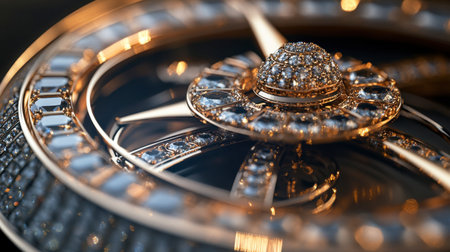 A detailed shot of a gem-studded luxury watch face, with a focus on the shimmering gems and their integration into the design.の素材
