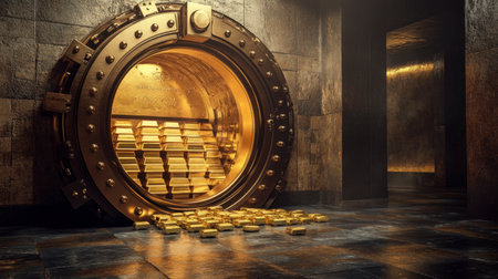 A luxurious bank vault door with a series of gold bars neatly stored inside, creating a sense of security and wealth.の素材