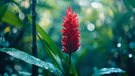 A bright red ginger flower emerging from a dense green background in a tropical rainforest.の素材