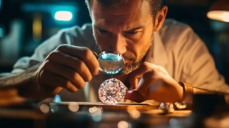 A jeweler examining a diamond with a magnifying glass in a well-lit workshop, focusing on the gem's intricate details.の素材