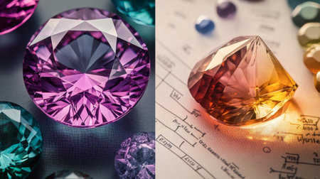 A gemological chart alongside a close-up shot of a gemstone cut and color, for detailed comparison and analysis.の素材
