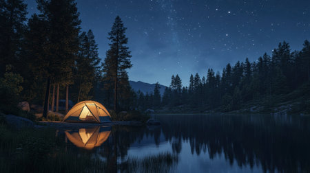 A campsite nestled in the woods of Ackmon National Park, with a tent set up beside a calm lake under a starry night sky.の素材