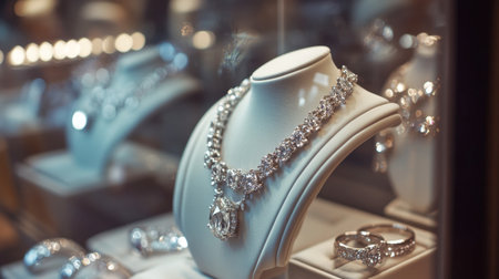 A high-end jewelry store window with a display of diamond rings and necklaces, attracting attention with their sparkle.の素材