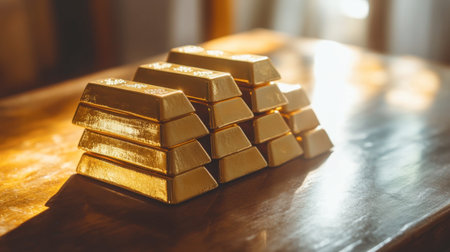 A stack of gleaming gold bars arranged neatly on a polished wooden table, with soft lighting highlighting their shiny surface.の素材
