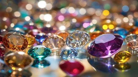Loose gems of different colors and cuts scattered across a glass table, with soft ambient lighting creating a dazzling effect.の素材