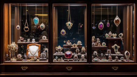 An elegant jewelry store window showcasing a variety of gems and gemstone jewelry, arranged to attract attention.の素材