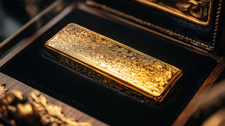 Close-up of a single gold bar with intricate engravings, resting on a black velvet cushion in a luxurious display.の素材
