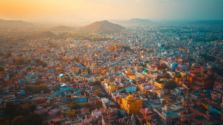 An aerial view of Jaipur's Pink City, with its historic architecture and market streets.の素材
