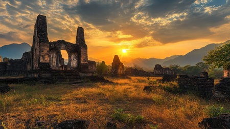 A beautiful sunrise over the ancient temples of Lopburi, famous for its playful monkey population.の素材