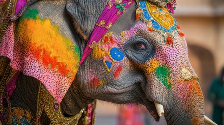 An elephant adorned with colorful paint and decorations at a festival in Jaipur.の素材