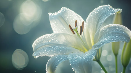 A close-up of a delicate white lily flower with dewdrops resting on its petals in soft morning light.の素材