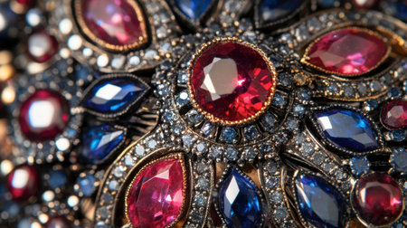 A close-up of a gemstone-studded brooch, with rubies, diamonds, and sapphires creating a stunning pattern.の素材