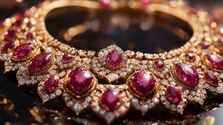A close-up of a gemstone necklace with intricate designs, featuring rubies and diamonds set in gold.の素材