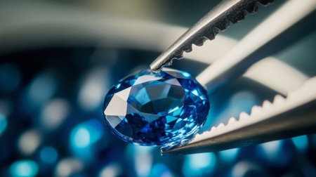 A close-up of a sapphire gemstone being held by a jeweler's tweezers, ready to be set in a luxurious ring.の素材
