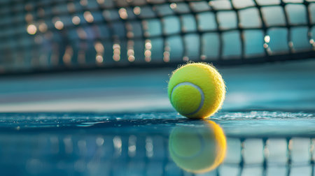 A close-up of an Olympic tennis ball and racket on the court, with the net in the background.の素材