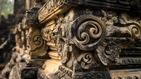 A close-up shot of the intricate stone carvings at Prasat Hin Phimai, a Khmer-style temple in northeast Thailand.の素材