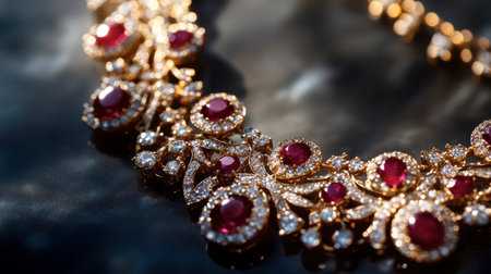 A close-up of a gemstone necklace with intricate designs, featuring rubies and diamonds set in gold.の素材