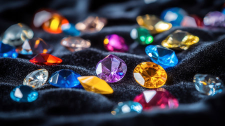 A collection of colorful gemstones scattered on a black velvet surface, their facets catching the light.の素材