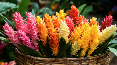 A colorful array of ginger flowers in a basket, freshly picked from a tropical garden.の素材