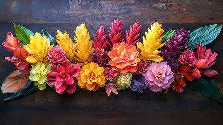 A colorful arrangement of ginger flowers placed on a wooden table, with their bright hues popping against the dark wood.の素材