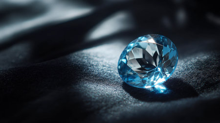 A gleaming blue topaz gemstone resting on a black velvet surface, catching the light from above.の素材