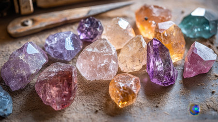 A group of unpolished gemstones in their raw form, resting on a jeweler's workbench.の素材