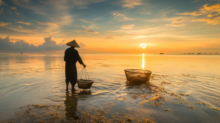 A fisherman in Hua Hin gathering shellfish from the shallow waters along the coastline at sunrise.の素材