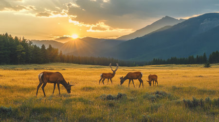 A family of deer grazing peacefully in an open field at Ackmon National Park, with the sun setting behind the mountains.の素材