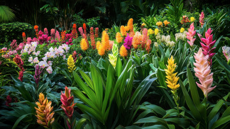 A field of ginger flowers in multiple colors growing in harmony with other tropical plants.の素材
