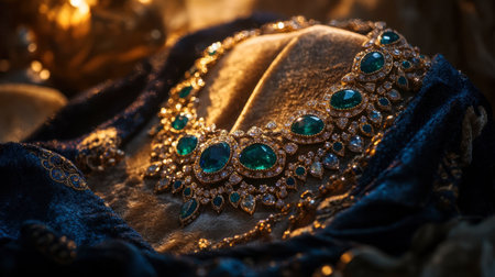 A gemstone necklace featuring emeralds and sapphires draped over a velvet cushion, glowing under soft lighting.の素材