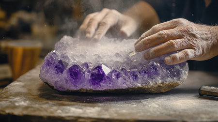 A gemstone cutter carefully shaping a large piece of amethyst, with fine dust floating in the air.の素材