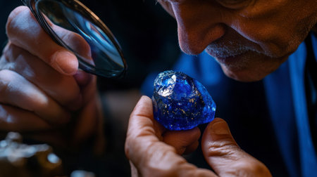 A jeweler inspecting a raw sapphire with a magnifying glass, highlighting the deep blue hue of the gem.の素材