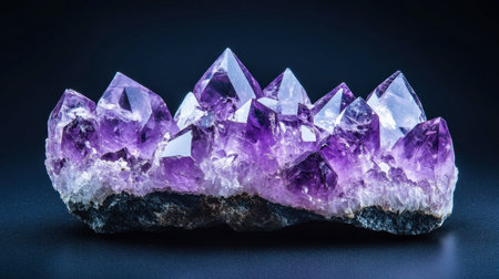A dazzling purple amethyst crystal cluster placed in front of a dark background, highlighting its natural beauty.の素材