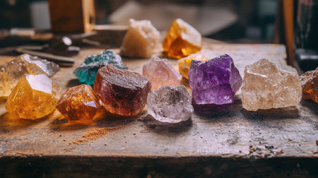 A group of unpolished gemstones in their raw form, resting on a jeweler's workbench.の素材