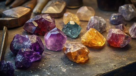 A group of unpolished gemstones in their raw form, resting on a jeweler's workbench.の素材