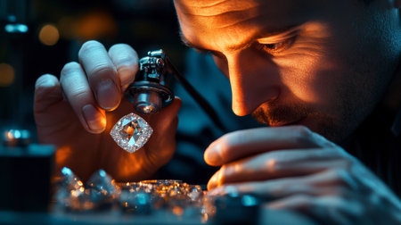A jeweler inspecting a gemstone with a loupe, examining the clarity and cut of the stone with great detail.の素材
