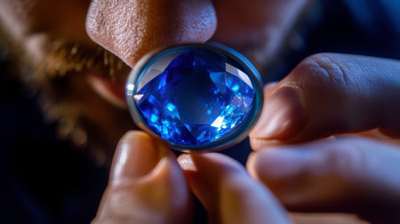 A jeweler inspecting a raw sapphire with a magnifying glass, highlighting the deep blue hue of the gem.の素材