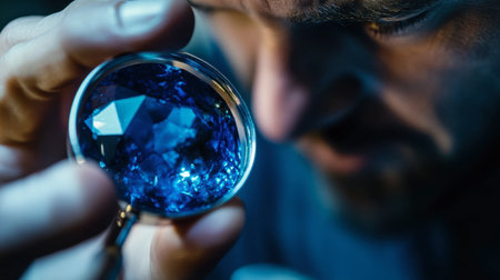 A jeweler inspecting a raw sapphire with a magnifying glass, highlighting the deep blue hue of the gem.の素材