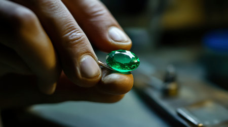 A jeweler's hand gently holding a faceted emerald gemstone, preparing it for setting in a fine piece of jewelry.の素材