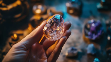 A jeweler's hand holding a raw gemstone up to the light, examining its natural imperfections.の素材