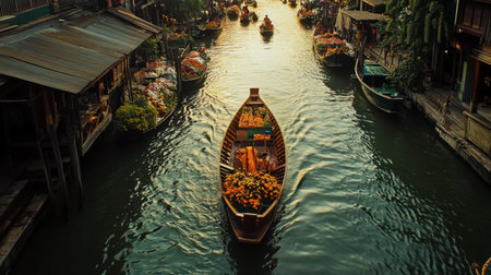 A longtail boat cruising through the serene waters of the floating market in Damnoen Saduak.の素材