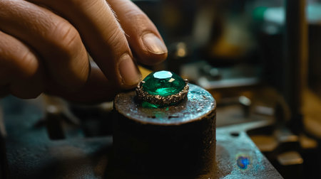 A jeweler's hand gently holding a faceted emerald gemstone, preparing it for setting in a fine piece of jewelry.の素材