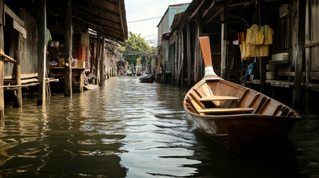 A longtail boat cruising through the serene waters of the floating market in Damnoen Saduak.の素材