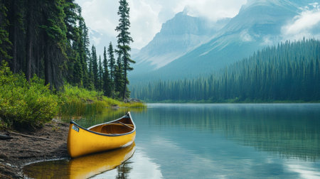 A kayak resting on the shore of a tranquil lake in Ackmon National Park, with dense forests and mountains in the background.の素材
