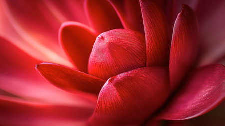 A macro shot capturing the fine details of a red ginger flower, with its petals glowing in soft natural light.の素材