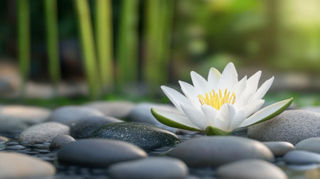 A lily flower in a Zen garden, with smooth stones and bamboo accents in the background.の素材