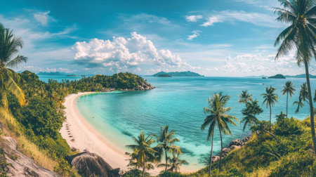 A panoramic shot of Koh Samui beaches, with palm trees and blue waters stretching as far as the eye can see.の素材