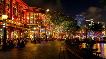 A night shot of the illuminated Asiatique Riverfront in Bangkok, a popular dining and shopping destination.の素材